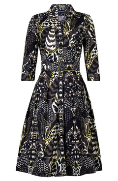 Audrey Dress #1 Shirt Collar 3/4 Sleeve Long Length Cotton Stretch (Block Print Jungle)