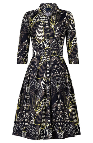 Audrey Dress #1 Shirt Collar 3/4 Sleeve Long Length Cotton Stretch (Block Print Jungle)