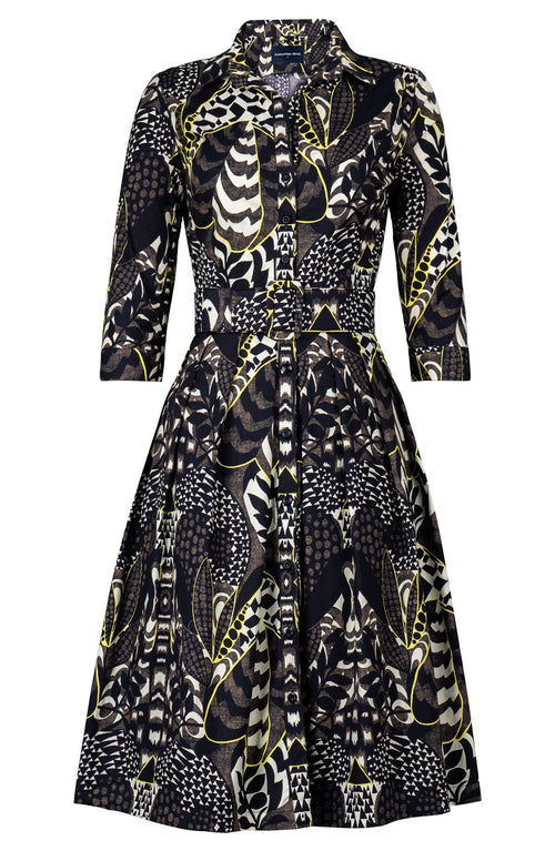 Audrey Dress #1 Shirt Collar 3/4 Sleeve Long Length Cotton Stretch (Block Print Jungle)