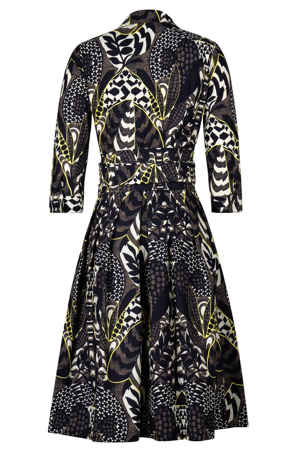 Audrey Dress #1 Shirt Collar 3/4 Sleeve Long Length Cotton Stretch (Block Print Jungle)