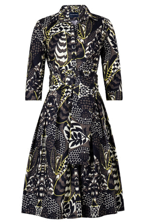 Audrey Dress #1 Shirt Collar 3/4 Sleeve Long Length Cotton Stretch (Block Print Jungle)