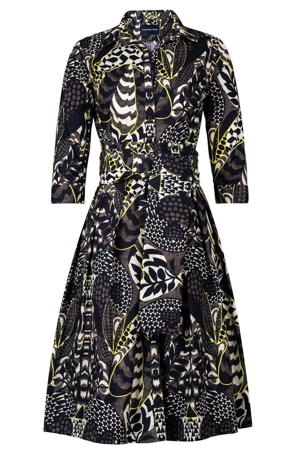 Audrey Dress #1 Shirt Collar 3/4 Sleeve Long Length Cotton Stretch (Block Print Jungle)