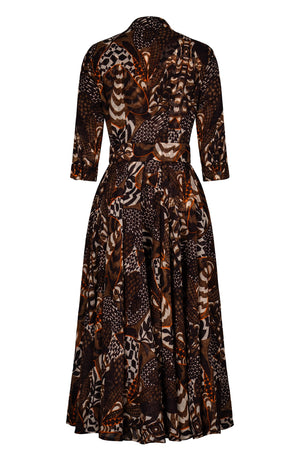 Aster Dress Shirt Collar 3/4 Sleeve Midi Plus Length Wool (Block Print Jungle) - Camel