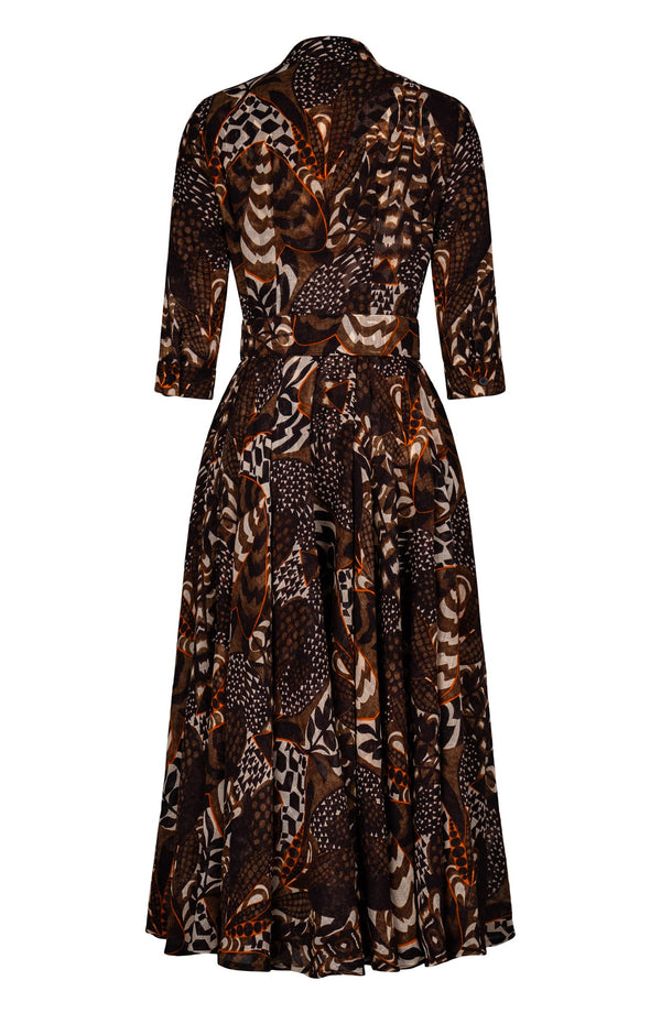 Aster Dress Shirt Collar 3/4 Sleeve Midi Plus Length Wool (Block Print Jungle) - Camel