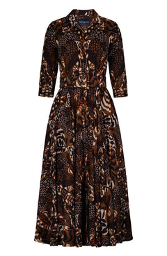 Aster Dress Shirt Collar 3/4 Sleeve Midi Plus Length Wool (Block Print Jungle) - Camel