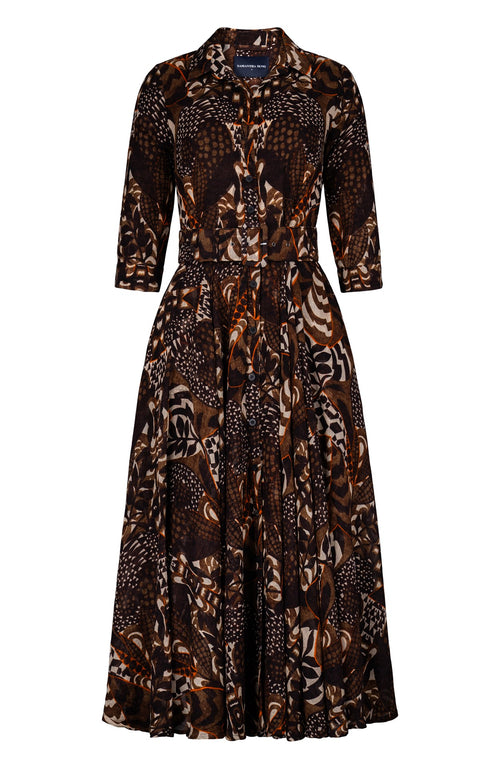 Aster Dress Shirt Collar 3/4 Sleeve Midi Plus Length Wool (Block Print Jungle) - Camel