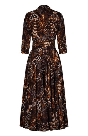 Aster Dress Shirt Collar 3/4 Sleeve Midi Plus Length Wool (Block Print Jungle) - Camel