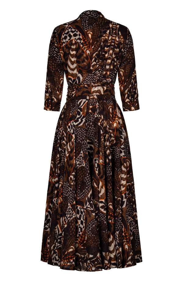 Aster Dress Shirt Collar 3/4 Sleeve Midi Plus Length Wool (Block Print Jungle) - Camel