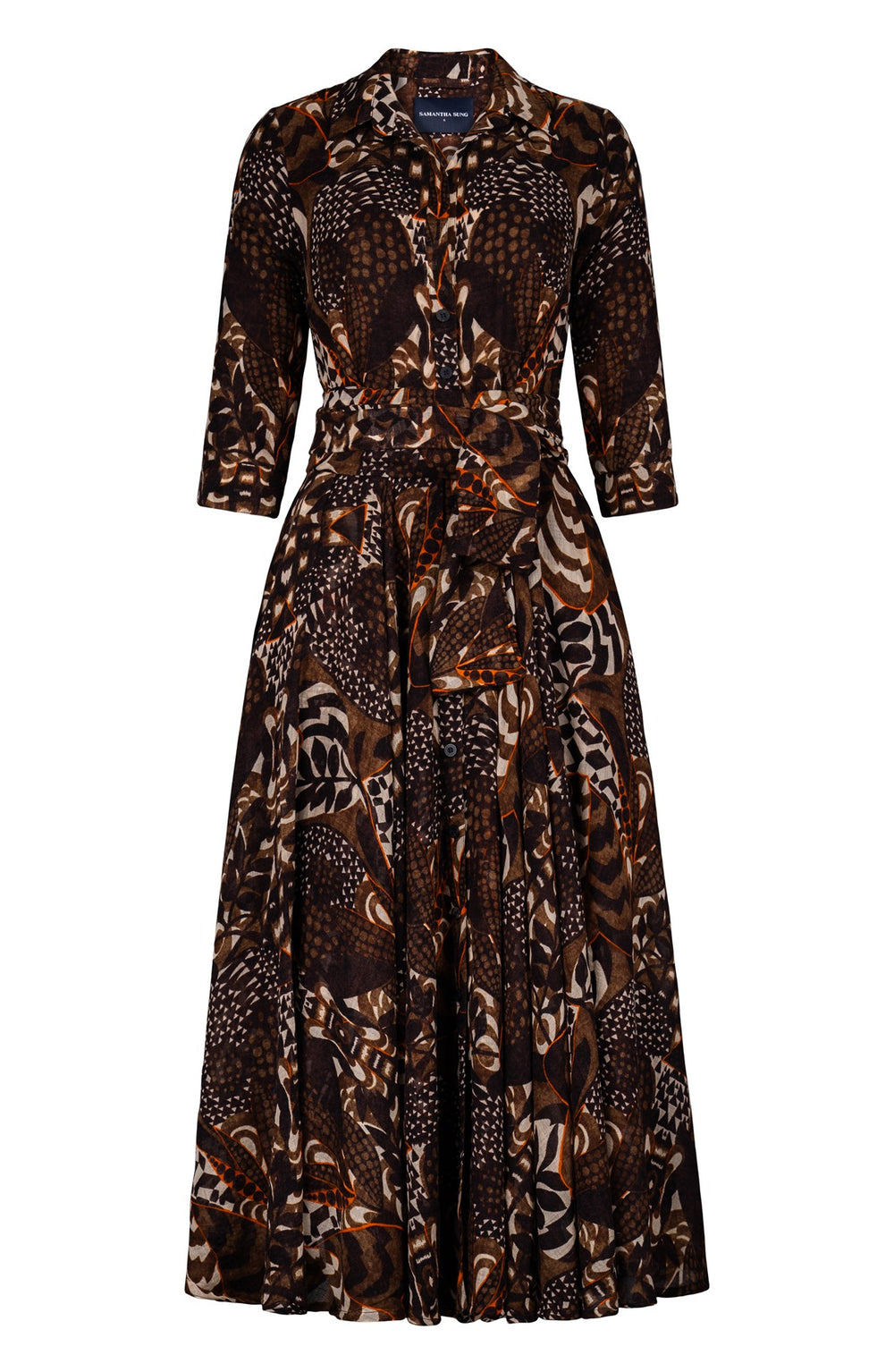 Aster Dress Shirt Collar 3/4 Sleeve Midi Plus Length Wool (Block Print Jungle) - Camel