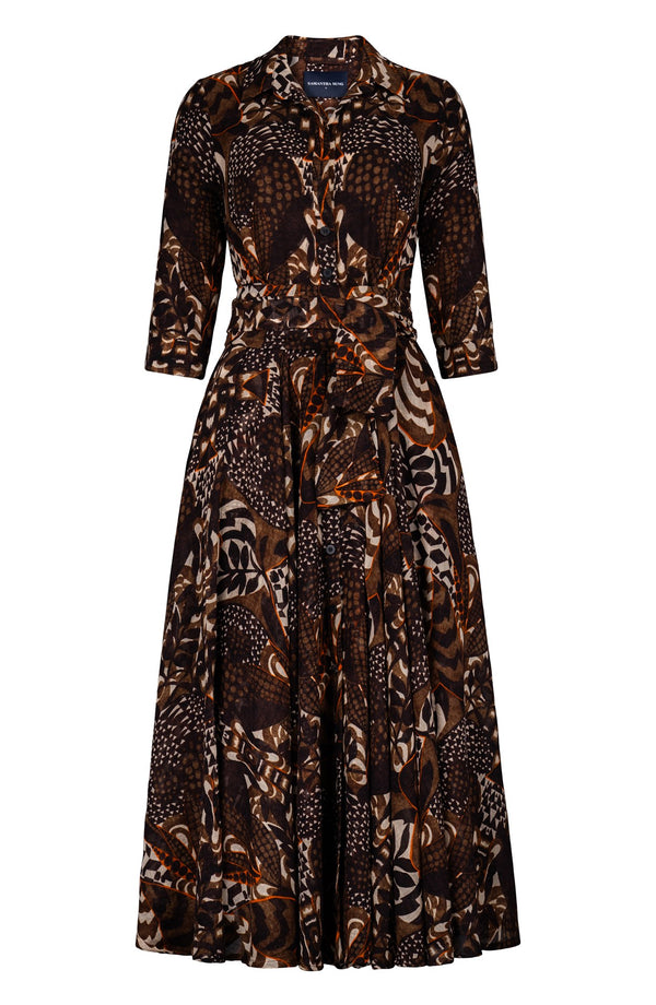 Aster Dress Shirt Collar 3/4 Sleeve Midi Plus Length Wool (Block Print Jungle) - Camel