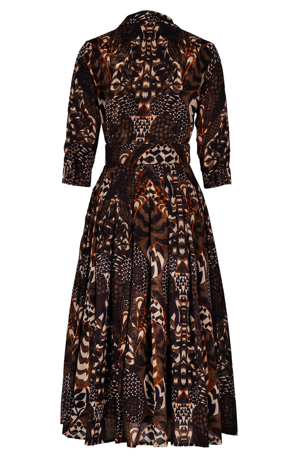 Audrey Dress #4 Shirt Collar 3/4 Sleeve Midi Length Wool AW26 (Block Print Jungle) - Camel