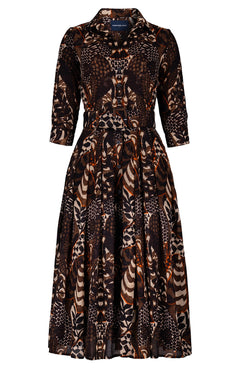 Audrey Dress #4 Shirt Collar 3/4 Sleeve Midi Length Wool AW26 (Block Print Jungle) - Camel