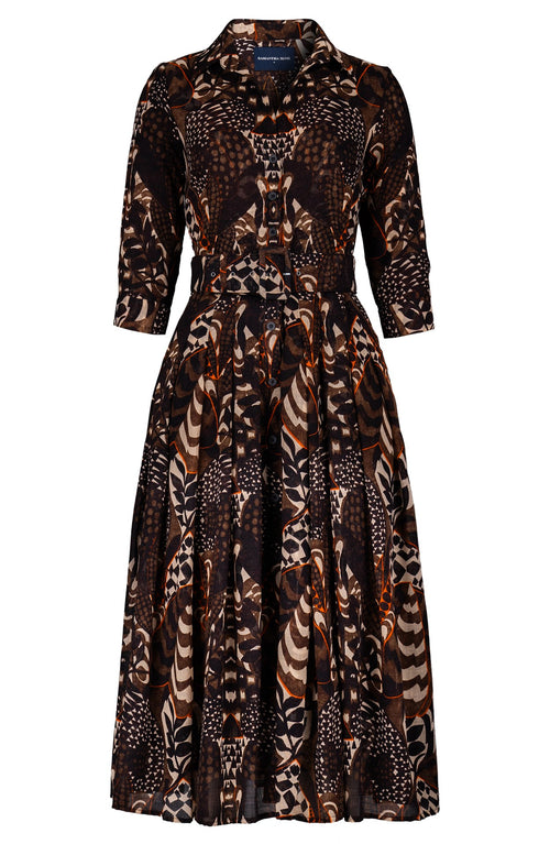 Audrey Dress #4 Shirt Collar 3/4 Sleeve Midi Length Wool AW26 (Block Print Jungle) - Camel
