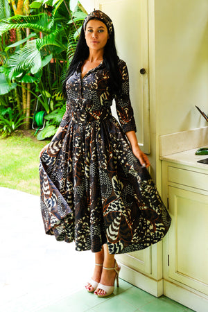 Sabrina Dress Shirt Collar 3/4 Sleeve Midi Plus Length Poliamide Taffta (Block Print Jungle)