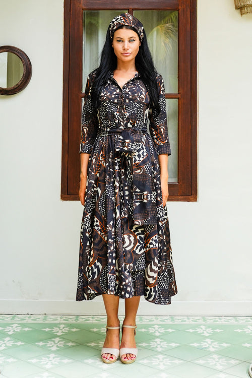 Sabrina Dress Shirt Collar 3/4 Sleeve Midi Plus Length Poliamide Taffta (Block Print Jungle)