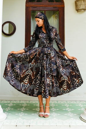 Sabrina Dress Shirt Collar 3/4 Sleeve Midi Plus Length Poliamide Taffta (Block Print Jungle)
