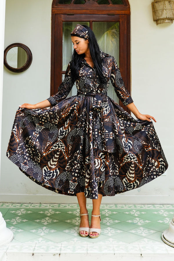 Sabrina Dress Shirt Collar 3/4 Sleeve Midi Plus Length Poliamide Taffta (Block Print Jungle)