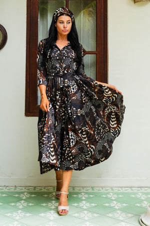 Sabrina Dress Shirt Collar 3/4 Sleeve Midi Plus Length Poliamide Taffta (Block Print Jungle)