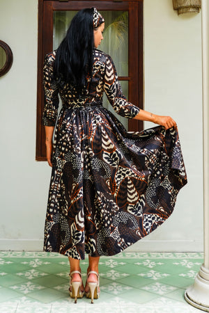 Sabrina Dress Shirt Collar 3/4 Sleeve Midi Plus Length Poliamide Taffta (Block Print Jungle)