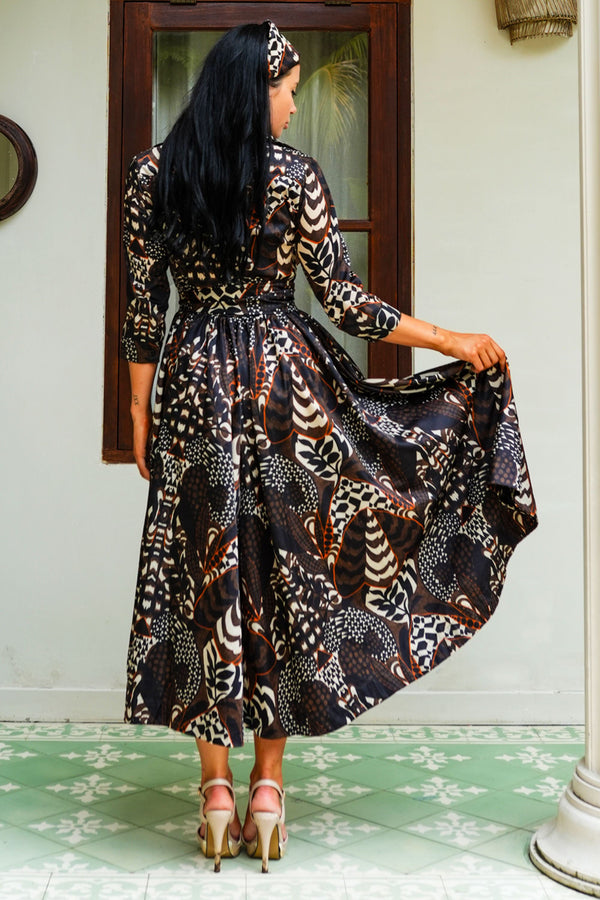 Sabrina Dress Shirt Collar 3/4 Sleeve Midi Plus Length Poliamide Taffta (Block Print Jungle)