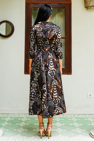 Sabrina Dress Shirt Collar 3/4 Sleeve Midi Plus Length Poliamide Taffta (Block Print Jungle)
