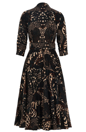 Amber Dress Shirt Collar 3/4 Sleeve Midi Length Wool (Block Print Jungle) - Dusty Green