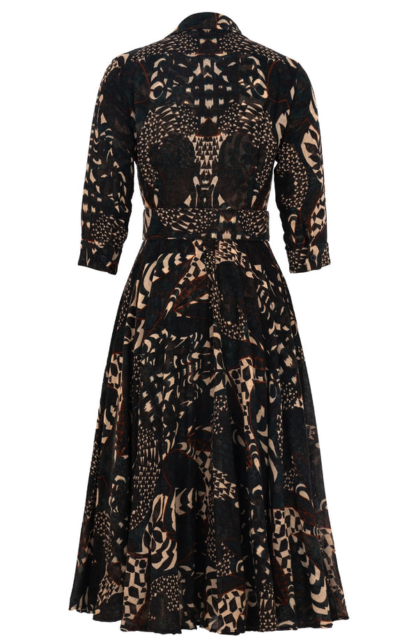 Amber Dress Shirt Collar 3/4 Sleeve Midi Length Wool (Block Print Jungle) - Dusty Green