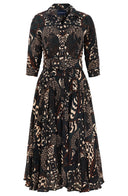 Amber Dress Shirt Collar 3/4 Sleeve Midi Length Wool (Block Print Jungle) - Dusty Green