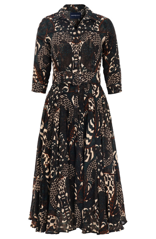 Amber Dress Shirt Collar 3/4 Sleeve Midi Length Wool (Block Print Jungle) - Dusty Green