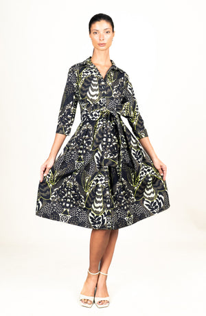 Audrey Dress #1 Shirt Collar 3/4 Sleeve Long Length Cotton Stretch (Block Print Jungle)