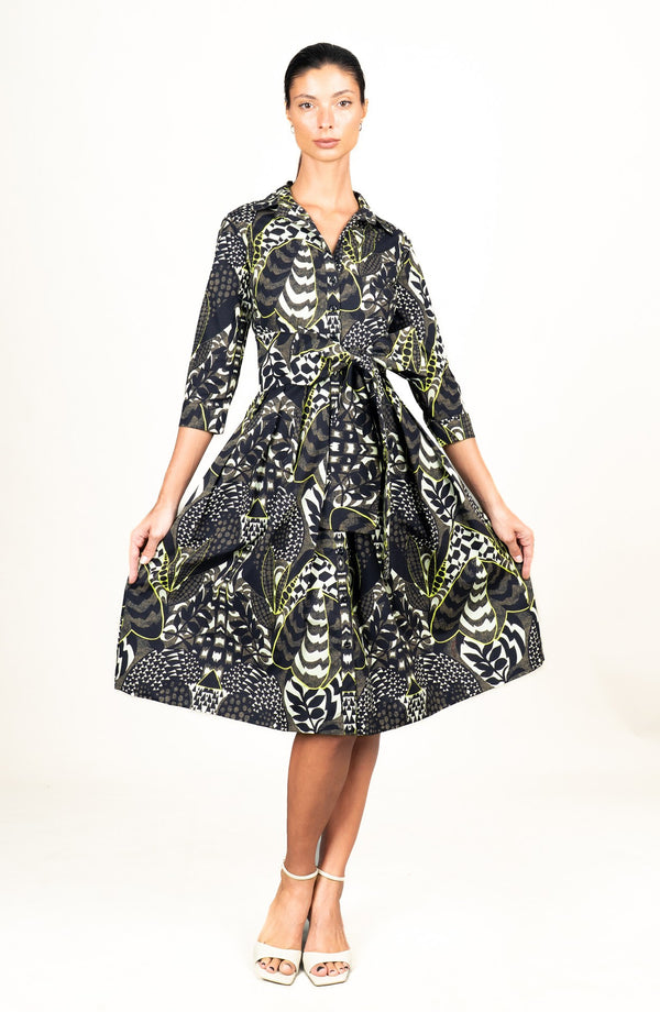 Audrey Dress #1 Shirt Collar 3/4 Sleeve Long Length Cotton Stretch (Block Print Jungle)