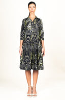Audrey Dress #1 Shirt Collar 3/4 Sleeve Long Length Cotton Stretch (Block Print Jungle)