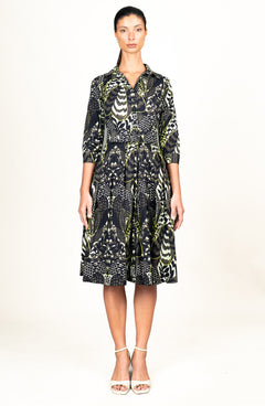 Audrey Dress #1 Shirt Collar 3/4 Sleeve Long Length Cotton Stretch (Block Print Jungle)