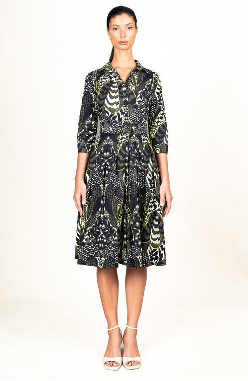Audrey Dress #1 Shirt Collar 3/4 Sleeve Long Length Cotton Stretch (Block Print Jungle)