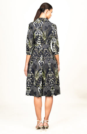 Audrey Dress #1 Shirt Collar 3/4 Sleeve Long Length Cotton Stretch (Block Print Jungle)