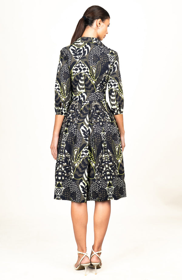 Audrey Dress #1 Shirt Collar 3/4 Sleeve Long Length Cotton Stretch (Block Print Jungle)