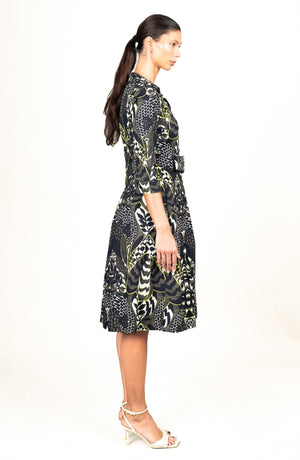 Audrey Dress #1 Shirt Collar 3/4 Sleeve Long Length Cotton Stretch (Block Print Jungle)