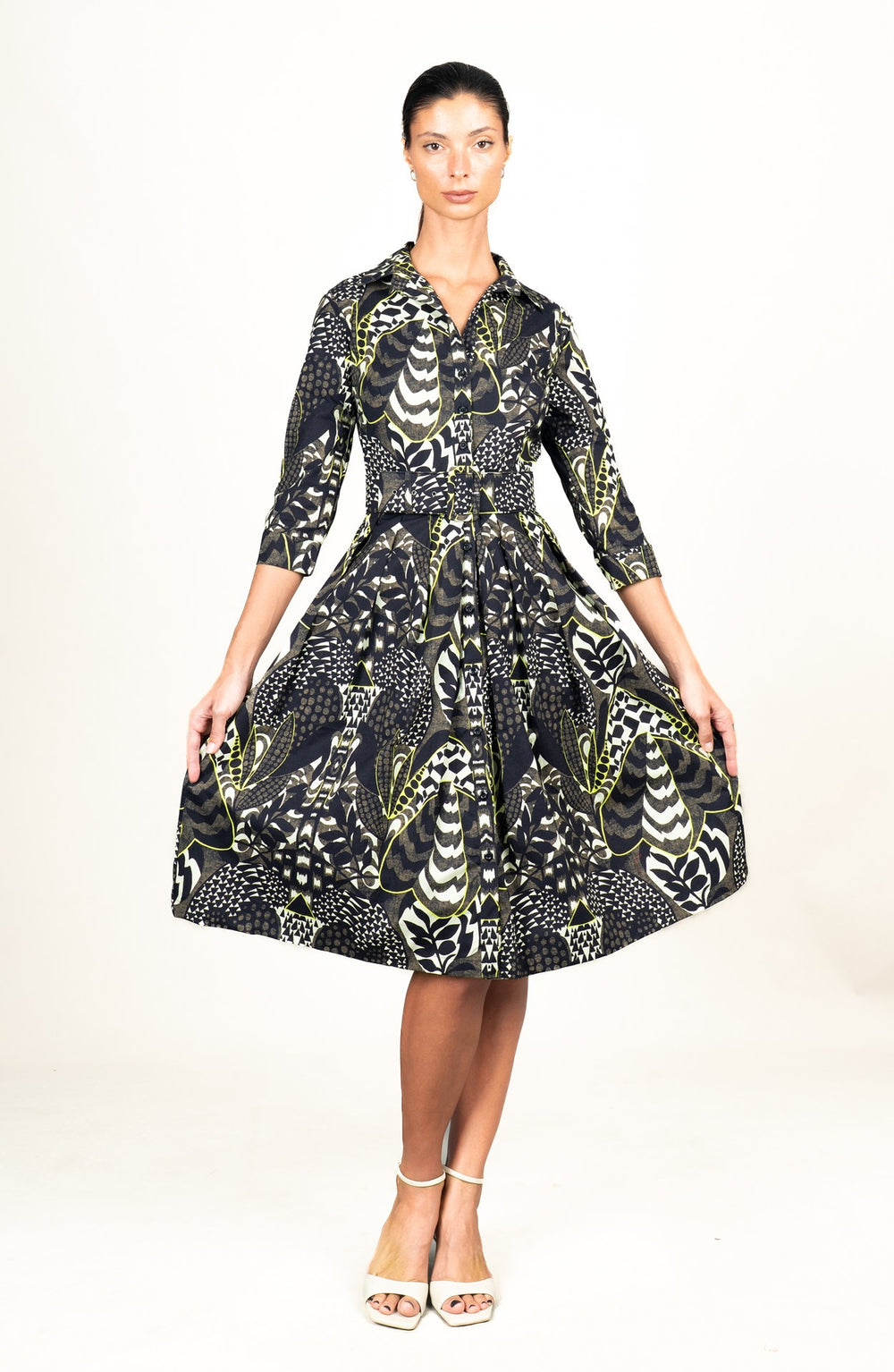 Audrey Dress #1 Shirt Collar 3/4 Sleeve Long Length Cotton Stretch (Block Print Jungle)