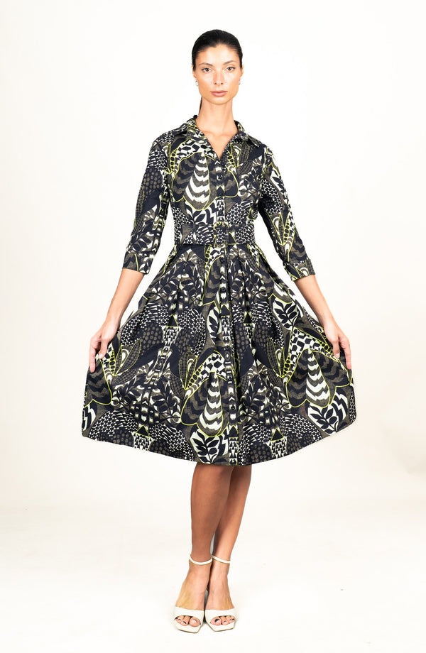 Audrey Dress #1 Shirt Collar 3/4 Sleeve Long Length Cotton Stretch (Block Print Jungle)