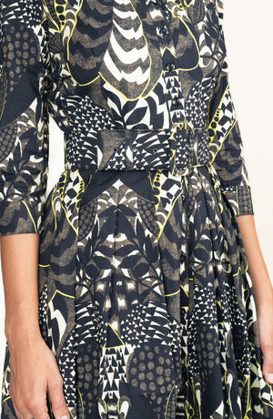 Audrey Dress #1 Shirt Collar 3/4 Sleeve Long Length Cotton Stretch (Block Print Jungle)