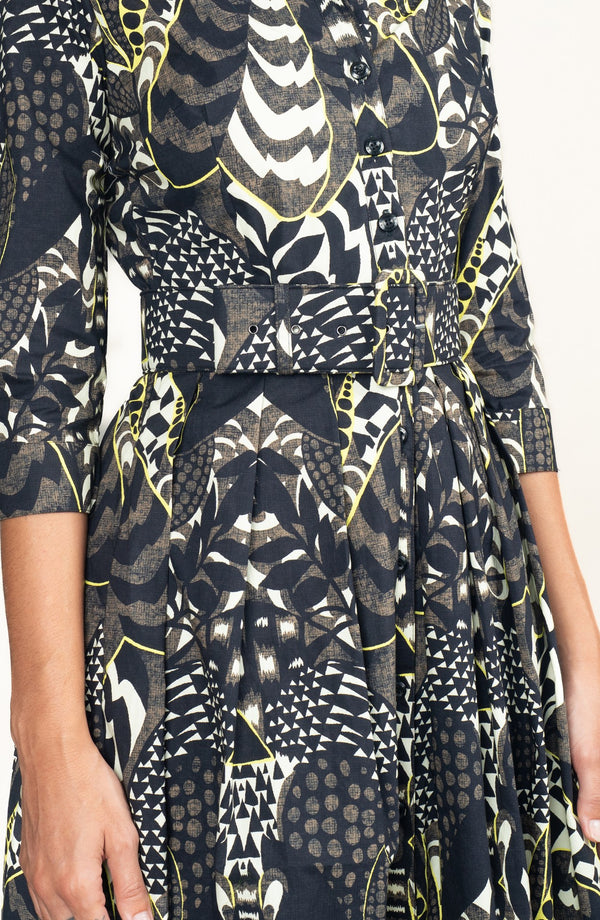 Audrey Dress #1 Shirt Collar 3/4 Sleeve Long Length Cotton Stretch (Block Print Jungle)