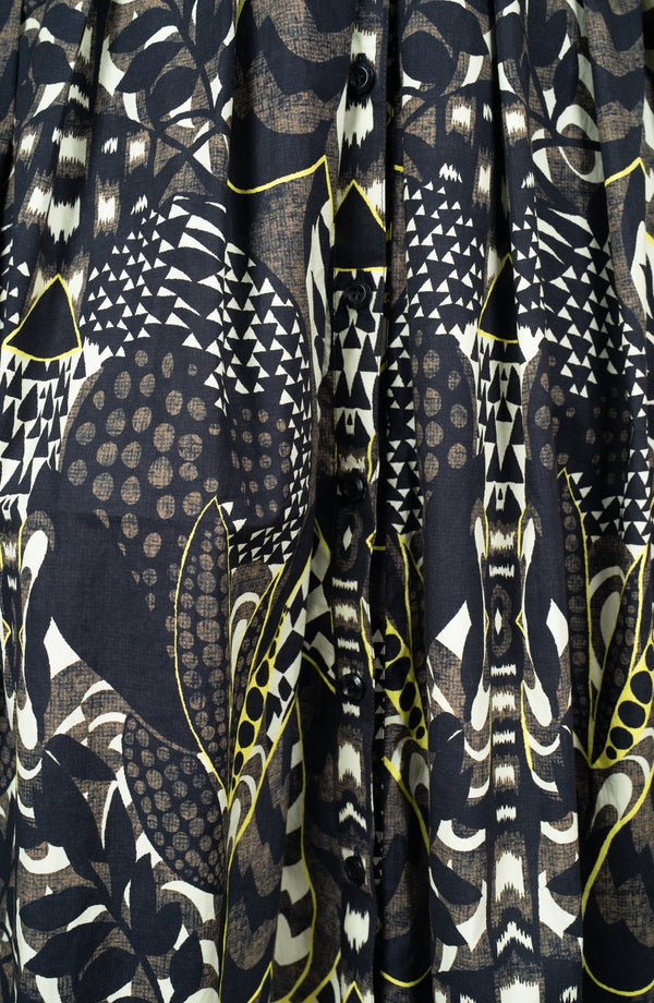 Audrey Dress #1 Shirt Collar 3/4 Sleeve Long Length Cotton Stretch (Block Print Jungle)