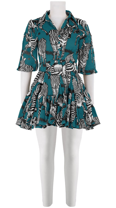 Birdy Dress #2 Shirt Collar 3/4 Puff Sleeve Mini Length Linen (Bloomsberry Zebra Small)