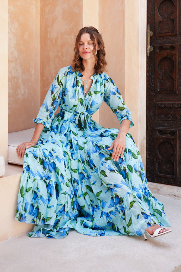 Eden Dress Crew Neck 3/4 Sleeve Maxi Length Cotton Musola (Blue Bell Flower Small Pastel)