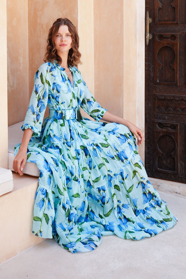 Eden Dress Crew Neck 3/4 Sleeve Maxi Length Cotton Musola (Blue Bell Flower Small Pastel)