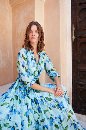 Eden Dress Crew Neck 3/4 Sleeve Maxi Length Cotton Musola (Blue Bell Flower Small Pastel)