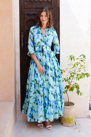 Eden Dress Crew Neck 3/4 Sleeve Maxi Length Cotton Musola (Blue Bell Flower Small Pastel)