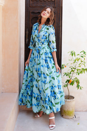 Eden Dress Crew Neck 3/4 Sleeve Maxi Length Cotton Musola (Blue Bell Flower Small Pastel)