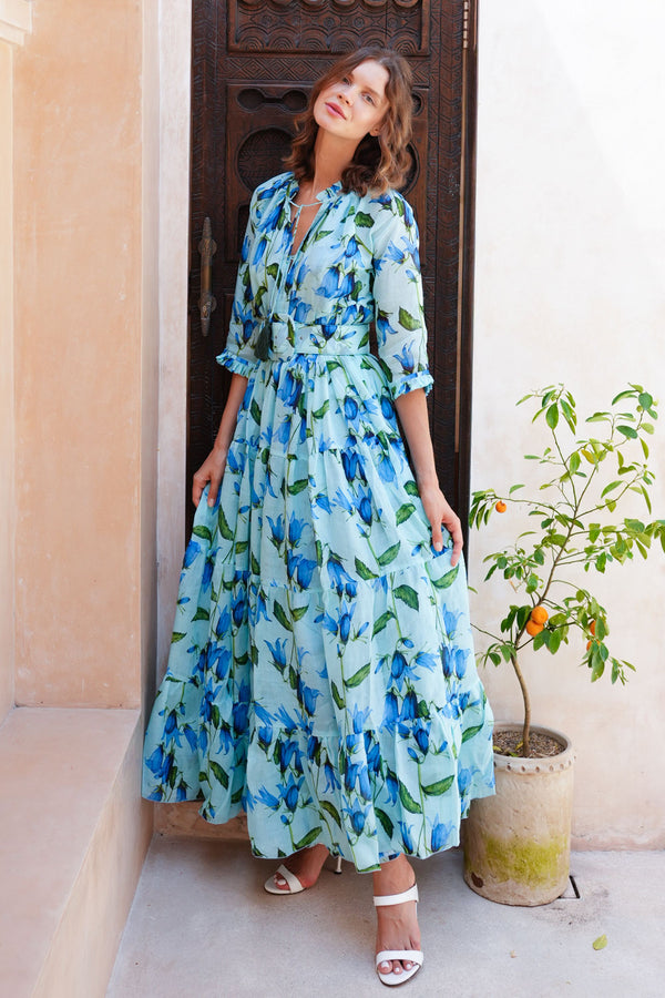 Eden Dress Crew Neck 3/4 Sleeve Maxi Length Cotton Musola (Blue Bell Flower Small Pastel)
