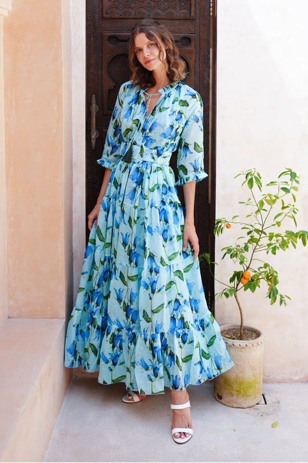 Eden Dress Crew Neck 3/4 Sleeve Maxi Length Cotton Musola (Blue Bell Flower Small Pastel)